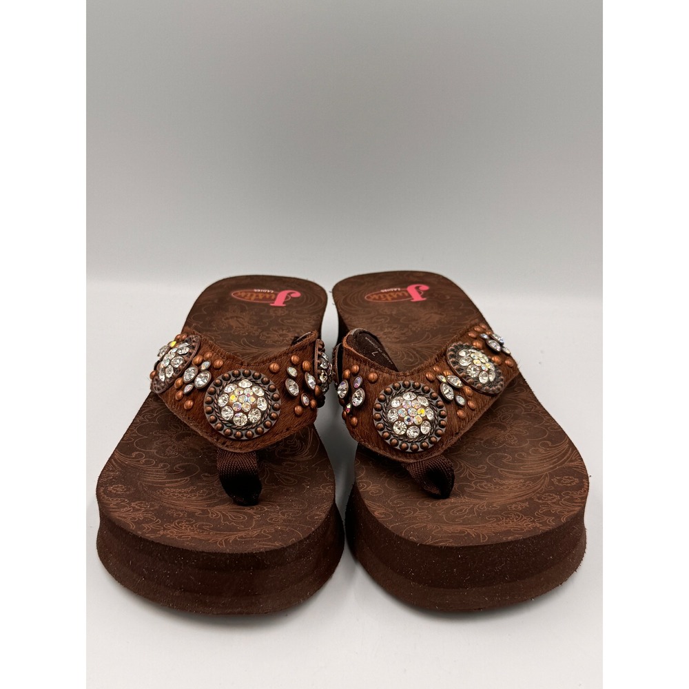 Justin Ladies Brown Hair On Hide Crystal Studded Western Platform Flip Flops 7